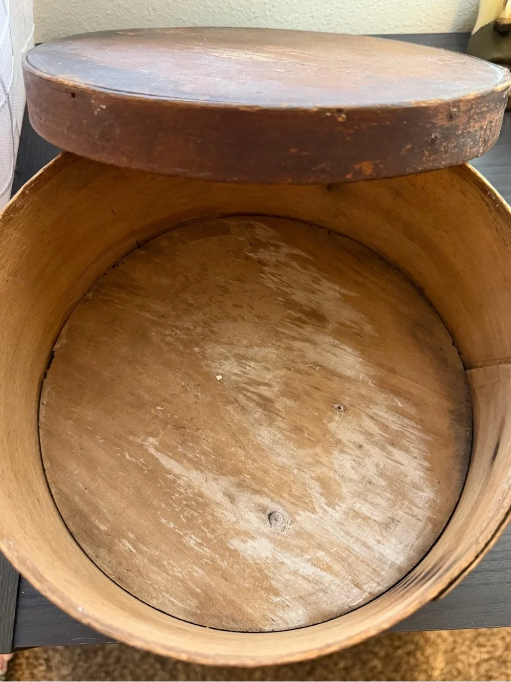 Antique Primitive Round Wooden Pantry Box with Lid Rustic Farmhouse Storage